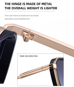 Détail macro de la charnière en métal doré et de la branche punk sur lunettes carrées
