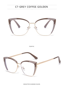 Detail view of grey and coffee cat-eye glasses with golden temples and photochromic lenses