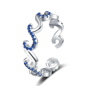 Elegant wave-shaped S925 silver open ring with blue cubic zirconia stones