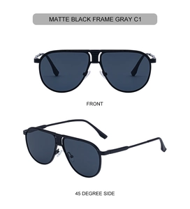 Front and side view of matte black aviator sunglasses with gray lenses and double bridge