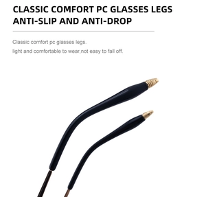 Détail d'embouts de lunettes antidérapants en PC noir avec pointes en métal doré