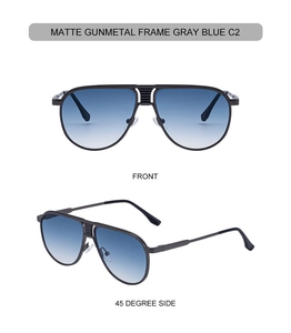Detail view of matte gunmetal aviator sunglasses with gradient blue grey lenses