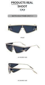 Three-angle views of futuristic matte gold cat-eye sunglasses with dark grey lenses