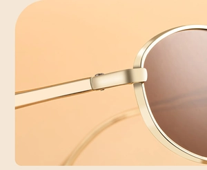 Detailed close-up of golden metal hinges and temples on oval frame sunglasses
