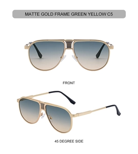 Matte gold aviator sunglasses featuring dual bridges and green-yellow gradient lenses