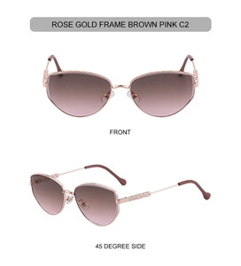 Detail of rose gold cat eye sunglasses with gradient lenses and geometric temple cutouts