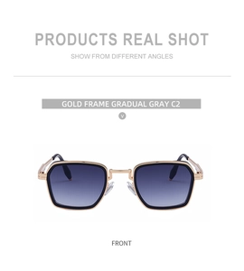 Vue frontale de lunettes de soleil carrées dorées avec verres gris dégradés style punk