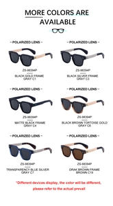 Polarized square sunglasses color chart showing six stylish frame and lens combinations