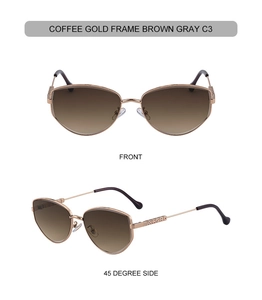 Detailed view of polygon cat-eye sunglasses with coffee gold frame and gradient brown lenses
