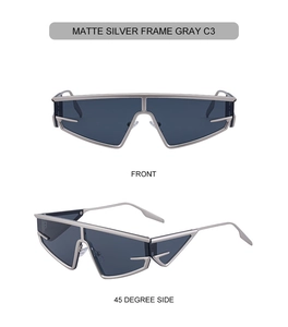 Front and 45-degree views of matte silver futuristic shield sunglasses with gray lenses