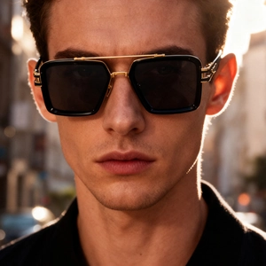 Close-up of retro square sunglasses with double gold bridges and black frames on model