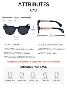 Technical drawing of square polarized sunglasses showing detailed size and product dimensions