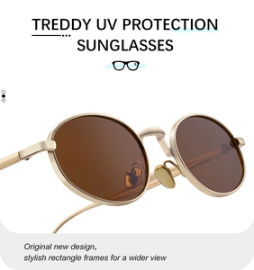 Detailed 45-degree side view of gold metal oval sunglasses with brown lenses and nose pads