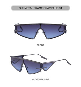 Detail of gunmetal punk cat-eye sunglasses with gradient grey-blue lenses and metal frame