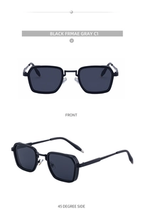 Vue de face et de profil à 45 degrés des lunettes de soleil carrées noires avec verres gris