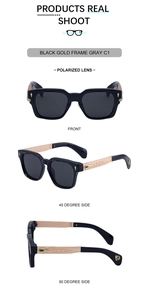Detail of square polarized sunglasses with gold metal temples and intricate engraving