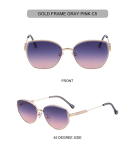 Detailed views of gold frame polygon sunglasses with purple-pink gradient lenses