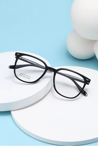 Detail view of black acetate square frame glasses with size specifications and text