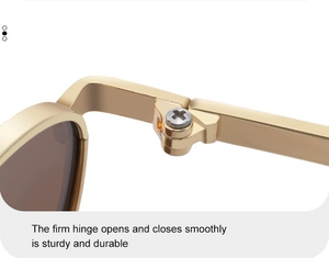 Macro view of sturdy metal hinges and smooth golden finish on oval sunglasses