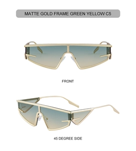 Detailed front and side view of matte gold punk cat eye sunglasses with green yellow lens
