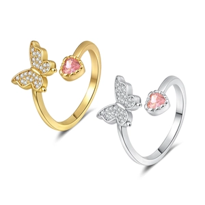 Bague Ouverte Ajustable Papillon Cœur Cuivre Avec Zircon Rose Zircone Cubique Bijoux De Mode Pour Femmes