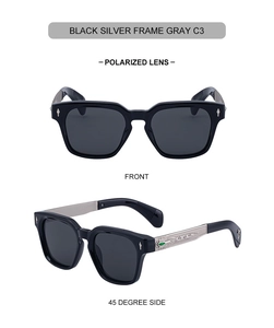 Detailed view of square polarized sunglasses with Baroque engraved silver temples