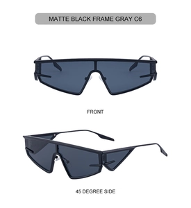 Macro view of matte black cyberpunk sunglasses with geometric frame and gray lenses