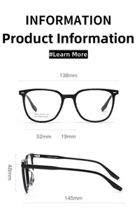 Detailed size chart for black acetate square glasses frames showing dimensions and specs
