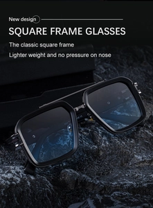 Detail of square frame sunglasses showing precision metal hinges and industrial design
