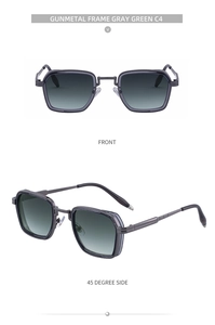 Vue détaillée de lunettes de soleil carrées gris métal avec détails de la monture