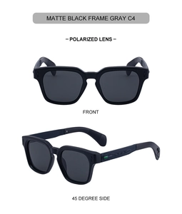 Detail of matte black square polarized sunglasses with decorative temple accents