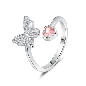 Bague papillon argentée ajustable avec zircons blancs et pierre rose en cœur