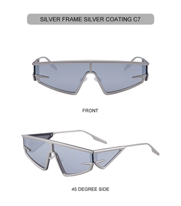 Front and 45-degree side macro view of C7 silver metallic punk cat-eye sunglasses