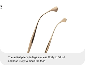 Detailed close-up of golden metal sunglass temples with anti-slip and anti-pinch design