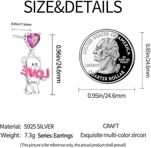 S925 silver bear earrings with pink heart zircon and size scale next to a coin