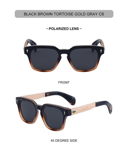 Front and side view of square polarized sunglasses with gold floral engraved temples