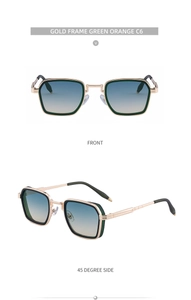 Vues de face et de profil de lunettes de soleil carrées vintage avec monture dorée