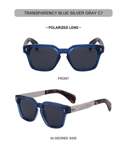 Detail of square polarized sunglasses with silver engraved metal temples and blue frames