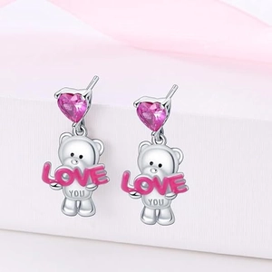 Silver bear stud earrings with pink heart stone and LOVE YOU engraving for women