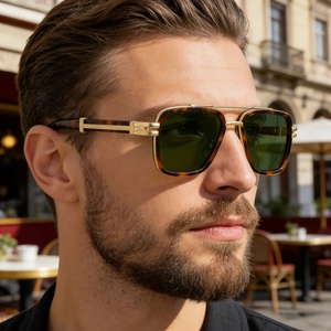 Détail de lunettes de soleil carrées en écaille avec double pont et verres verts sur modèle