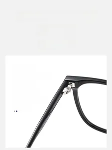 Detail display of the durable silver metal hinge and model specs on black square frame