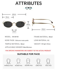 Detailed size chart for oval sunglasses featuring precise metal frame dimensions and specs