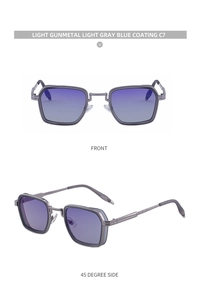 Détails des lunettes de soleil carrées gris métal avec verres dégradés bleu violet