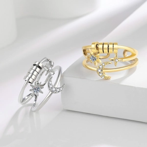 Star and moon adjustable anxiety ring with rotatable beads in silver and gold finish