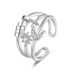 Three-layer silver adjustable ring with starry moon diamonds and fidget beads