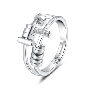 Bague anti-stress en argent avec cinq perles rotatives et incrustation de zircone cubique