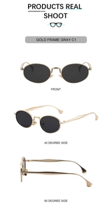 Three-angle views of oval gold metal sunglasses with dark gray lenses and slim temples