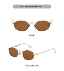 Detailed front and side views of gold oval sunglasses with premium brown lenses