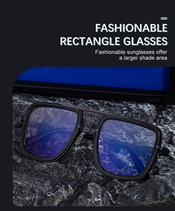 Close-up of retro double-bridge rectangle sunglasses with blue lenses on a rock display