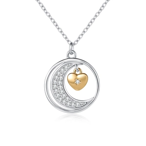 Star and moon necklace with silver crescent moon and golden heart pendant in 925 silver